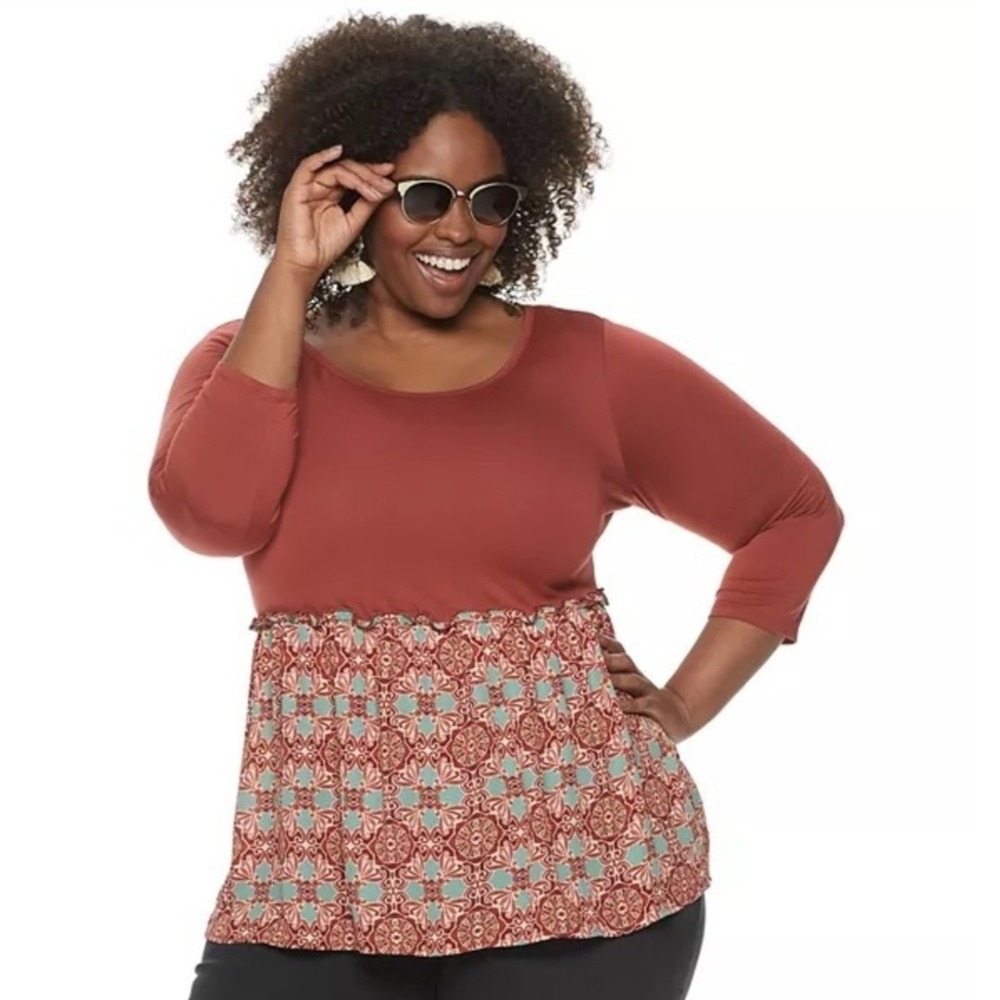 EVRI Womens 1X Tunic Top Rust Red Orange Floral Print 3/4‎ Sleeve Plus Size